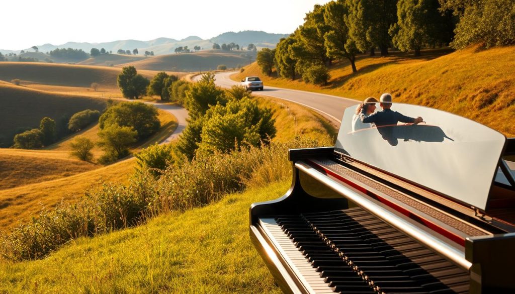 A scenic countryside road winds through rolling hills, lined with lush green trees. In the foreground, a classic grand piano sits atop a grassy knoll, its ebony keys glimmering in the warm afternoon sunlight. The piano's melodic notes drift through the air, creating a soothing, contemplative atmosphere. In the distance, a classic convertible car cruises along the road, its occupants savoring the tranquil journey, immersed in the timeless beauty of classical music. The scene exudes a sense of serene escapism, highlighting the advantages of classical music as the perfect companion for a relaxing road trip adventure. A scenic countryside road winds through rolling hills, lined with lush green trees. In the foreground, a classic grand piano sits atop a grassy knoll, its ebony keys glimmering in the warm afternoon sunlight. The piano's melodic notes drift through the air, creating a soothing, contemplative atmosphere. In the distance, a classic convertible car cruises along the road, its occupants savoring the tranquil journey, immersed in the timeless beauty of classical music. The scene exudes a sense of serene escapism, highlighting the advantages of classical music as the perfect companion for a relaxing road trip adventure.