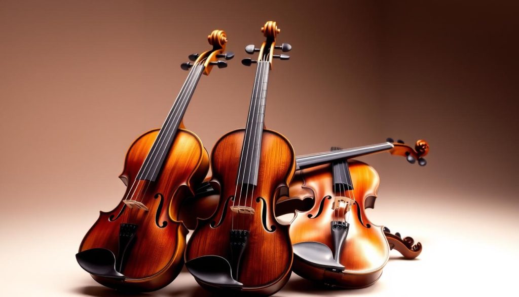 Elegant and refined violins, nestled in a softly lit studio setting. A trio of stringed instruments, each between 500 and 1000 euros, positioned with care against a muted background. Warm, focused lighting highlights the intricate grain and sheen of the expertly crafted wood, inviting the viewer to appreciate the fine details. The violins are presented in a sophisticated, understated manner, conveying the quality and value of these mid-range musical gems suitable for the classical music enthusiast. Elegant and refined violins, nestled in a softly lit studio setting. A trio of stringed instruments, each between 500 and 1000 euros, positioned with care against a muted background. Warm, focused lighting highlights the intricate grain and sheen of the expertly crafted wood, inviting the viewer to appreciate the fine details. The violins are presented in a sophisticated, understated manner, conveying the quality and value of these mid-range musical gems suitable for the classical music enthusiast.