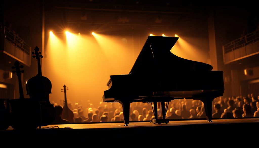 A dimly lit concert hall, the stage bathed in a warm, golden glow. In the foreground, a grand piano stands majestically, its polished ebony surface reflecting the light. Surrounding it, the silhouettes of classical instruments - a violin, a cello, a French horn - symbolizing the rich tapestry of the classical music tradition. In the middle ground, the audience is seated, their faces illuminated by the soft, reverent hush that settles over the room. The background fades into a hazy, dreamlike perspective, suggesting the timeless, transcendent nature of this beloved art form. The scene conveys a sense of cultural significance, the profound impact of classical music on the human experience. A dimly lit concert hall, the stage bathed in a warm, golden glow. In the foreground, a grand piano stands majestically, its polished ebony surface reflecting the light. Surrounding it, the silhouettes of classical instruments - a violin, a cello, a French horn - symbolizing the rich tapestry of the classical music tradition. In the middle ground, the audience is seated, their faces illuminated by the soft, reverent hush that settles over the room. The background fades into a hazy, dreamlike perspective, suggesting the timeless, transcendent nature of this beloved art form. The scene conveys a sense of cultural significance, the profound impact of classical music on the human experience.