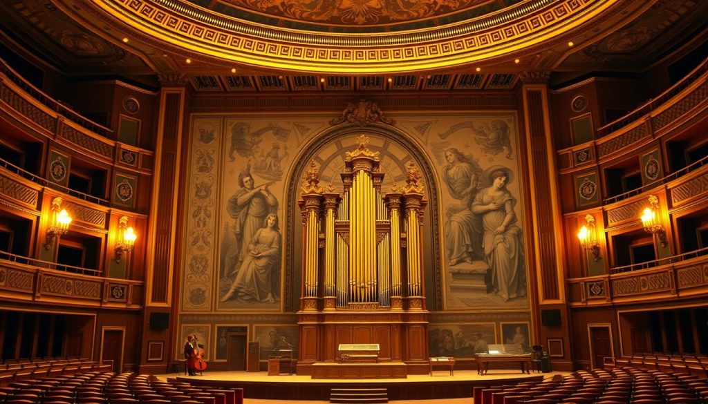 A grand concert hall, illuminated by warm, golden lighting. On the stage, a majestic collection of classical musical forms unfolds: a stately sonata, a graceful minuet, a sweeping symphony, and a delicate fugue, all rendered in elegant, three-dimensional forms. The middle ground features a detailed, ornate pipe organ, its pipes gleaming, while the background showcases a vast, ornamental mural depicting the evolution of classical music throughout the ages. The overall atmosphere is one of timeless grandeur and artistic appreciation, capturing the essence of the "Formes musicales classiques" section of the article. A grand concert hall, illuminated by warm, golden lighting. On the stage, a majestic collection of classical musical forms unfolds: a stately sonata, a graceful minuet, a sweeping symphony, and a delicate fugue, all rendered in elegant, three-dimensional forms. The middle ground features a detailed, ornate pipe organ, its pipes gleaming, while the background showcases a vast, ornamental mural depicting the evolution of classical music throughout the ages. The overall atmosphere is one of timeless grandeur and artistic appreciation, capturing the essence of the "Formes musicales classiques" section of the article.
