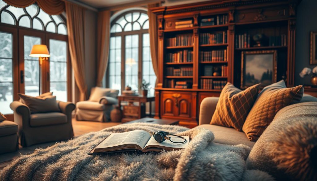 A cozy living room scene, illuminated by warm, soft lighting. In the foreground, a plush, oversized sofa invites relaxation, draped with a fluffy blanket and surrounded by plush pillows. On a wooden coffee table, a steaming mug of tea and a book lie open, alongside a pair of headphones - the tools for an immersive, classical music listening session. The middle ground features a large, ornate bookshelf, its shelves filled with leather-bound volumes and framed artworks. In the background, a large window overlooks a snowy, winter landscape, the gentle snowfall adding to the tranquil atmosphere. The overall mood is one of comfort, serenity, and pure indulgence in the moment.