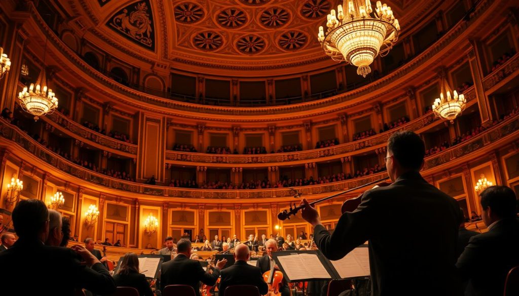 A grand concert hall, bathed in warm golden light, sets the stage for a virtuosic violin concerto. A lone violinist, their fingers gracefully dancing across the strings, commands the attention of the audience. The orchestra, a harmonious ensemble, provides a rich, resonant accompaniment, their instruments blending seamlessly. Ornate architectural details, such as intricate moldings and grand chandeliers, frame the scene, lending an air of timeless elegance. The mood is one of captivating artistry, where the virtuosity of the violinist and the collective power of the orchestra transport the listeners to a realm of profound musical expression. A grand concert hall, bathed in warm golden light, sets the stage for a virtuosic violin concerto. A lone violinist, their fingers gracefully dancing across the strings, commands the attention of the audience. The orchestra, a harmonious ensemble, provides a rich, resonant accompaniment, their instruments blending seamlessly. Ornate architectural details, such as intricate moldings and grand chandeliers, frame the scene, lending an air of timeless elegance. The mood is one of captivating artistry, where the virtuosity of the violinist and the collective power of the orchestra transport the listeners to a realm of profound musical expression.