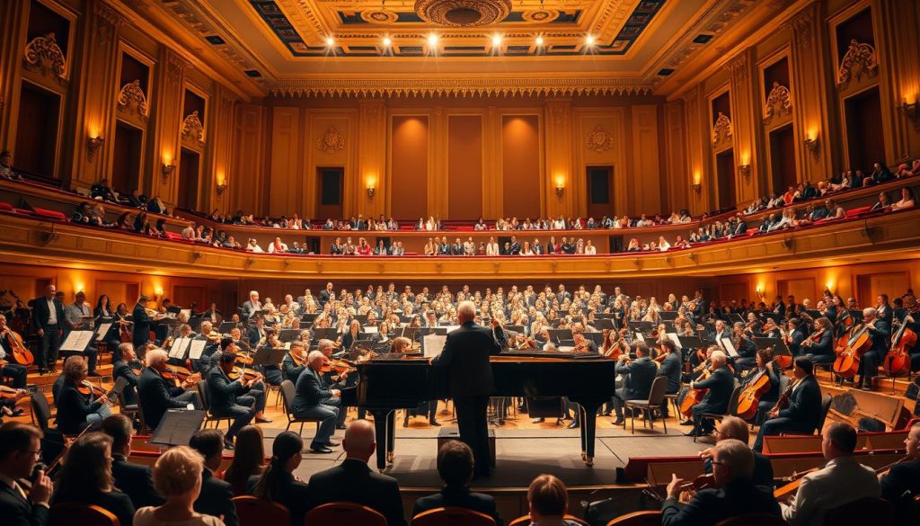A grand concert hall, illuminated by warm, golden lighting. On the stage, a magnificent grand piano takes center stage, its polished ebony surface gleaming. Around it, a full symphony orchestra fills the space, their instruments poised, ready to accompany the piano's virtuosic performance. The conductor stands, baton in hand, guiding the ensemble with precise movements. The audience, seated in plush, ornate chairs, leans forward in anticipation, eagerly awaiting the harmonious fusion of piano and orchestra. The atmosphere is one of refined elegance, the air thick with the promise of a captivating musical experience. A grand concert hall, illuminated by warm, golden lighting. On the stage, a magnificent grand piano takes center stage, its polished ebony surface gleaming. Around it, a full symphony orchestra fills the space, their instruments poised, ready to accompany the piano's virtuosic performance. The conductor stands, baton in hand, guiding the ensemble with precise movements. The audience, seated in plush, ornate chairs, leans forward in anticipation, eagerly awaiting the harmonious fusion of piano and orchestra. The atmosphere is one of refined elegance, the air thick with the promise of a captivating musical experience.