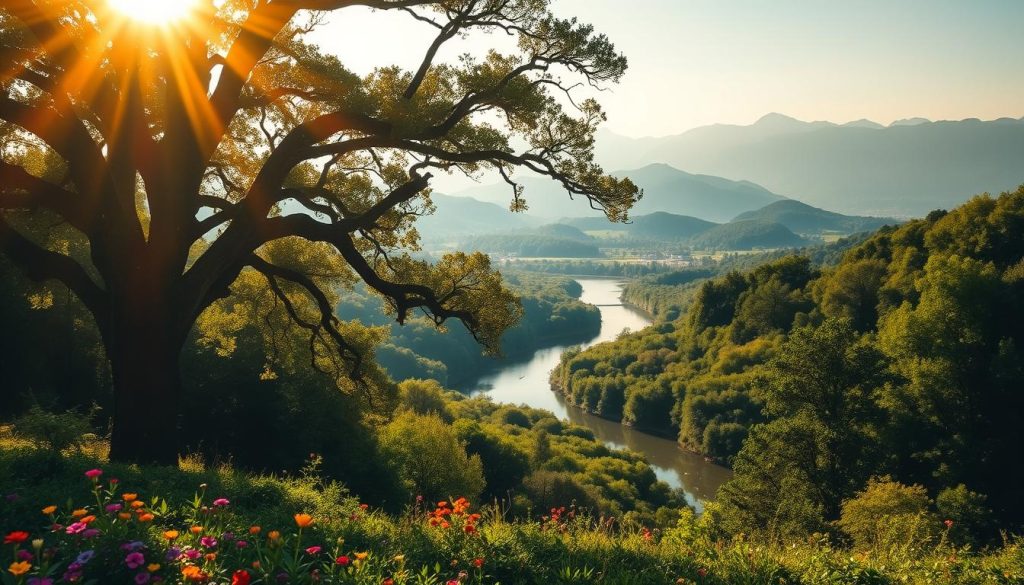 A lush, verdant landscape bathed in warm, golden sunlight. In the foreground, a majestic oak tree spreads its gargantuan branches, casting dappled shadows on the forest floor below. Vibrant wildflowers dot the undergrowth, their petals gently swaying in a soft breeze. In the middle ground, a winding river cuts through the scene, its crystal-clear waters reflecting the azure sky above. In the distance, hazy silhouettes of rolling hills and towering peaks rise up, shrouded in a hazy, atmospheric mist. The overall mood is one of serenity, tranquility, and a deep, profound connection to the natural world. A lush, verdant landscape bathed in warm, golden sunlight. In the foreground, a majestic oak tree spreads its gargantuan branches, casting dappled shadows on the forest floor below. Vibrant wildflowers dot the undergrowth, their petals gently swaying in a soft breeze. In the middle ground, a winding river cuts through the scene, its crystal-clear waters reflecting the azure sky above. In the distance, hazy silhouettes of rolling hills and towering peaks rise up, shrouded in a hazy, atmospheric mist. The overall mood is one of serenity, tranquility, and a deep, profound connection to the natural world.