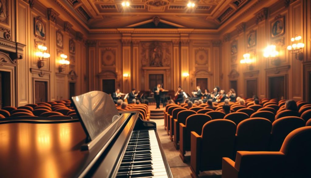 A serene classical concert hall, bathed in warm, golden lighting. In the foreground, a grand piano stands, its polished surface reflecting the soft illumination. Surrounding it, a group of musicians, their instruments poised, creating a harmonious symphony that fills the air. In the middle ground, rows of plush, velvet-upholstered seats face the stage, creating an intimate, focused atmosphere. The background is a blend of ornate architectural details, lending an air of sophistication and erudition. The overall scene evokes a sense of deep contemplation and intellectual engagement, perfectly capturing the essence of "musique classique et concentration." A serene classical concert hall, bathed in warm, golden lighting. In the foreground, a grand piano stands, its polished surface reflecting the soft illumination. Surrounding it, a group of musicians, their instruments poised, creating a harmonious symphony that fills the air. In the middle ground, rows of plush, velvet-upholstered seats face the stage, creating an intimate, focused atmosphere. The background is a blend of ornate architectural details, lending an air of sophistication and erudition. The overall scene evokes a sense of deep contemplation and intellectual engagement, perfectly capturing the essence of "musique classique et concentration."