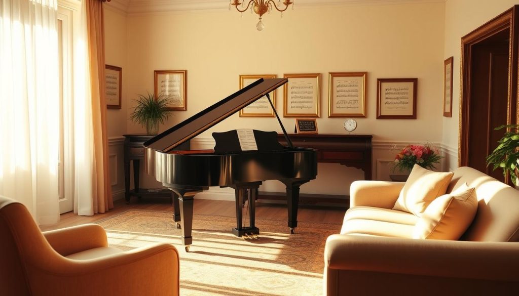 A serene classical music room, bathed in warm lighting. A grand piano stands prominently, its sleek ebony lines accentuated by the soft glow. Framed music sheets adorn the walls, hinting at the melodies that fill the air. Plush armchairs and a cozy sofa invite listeners to sink in and lose themselves in the soothing harmonies. Soft sunlight filters through sheer curtains, casting a tranquil ambiance. The scene evokes a sense of restorative calm, perfect for a moment of musical relaxation.