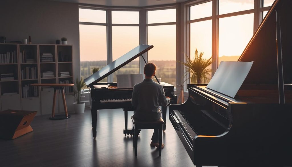 A serene classical music scene, with a grand piano positioned centrally, its intricate details illuminated by soft, warm lighting. In the foreground, a person sits at the piano, their hands gracefully gliding across the keys, lost in the rhythm and melody. The middle ground features a cozy, minimalist home office setting, with bookshelves and plants adding natural accents. The background showcases a large window, revealing a peaceful, outdoor landscape bathed in the golden glow of the setting sun. The overall atmosphere is one of tranquility, focus, and the integration of classical music into a daily routine. A serene classical music scene, with a grand piano positioned centrally, its intricate details illuminated by soft, warm lighting. In the foreground, a person sits at the piano, their hands gracefully gliding across the keys, lost in the rhythm and melody. The middle ground features a cozy, minimalist home office setting, with bookshelves and plants adding natural accents. The background showcases a large window, revealing a peaceful, outdoor landscape bathed in the golden glow of the setting sun. The overall atmosphere is one of tranquility, focus, and the integration of classical music into a daily routine.