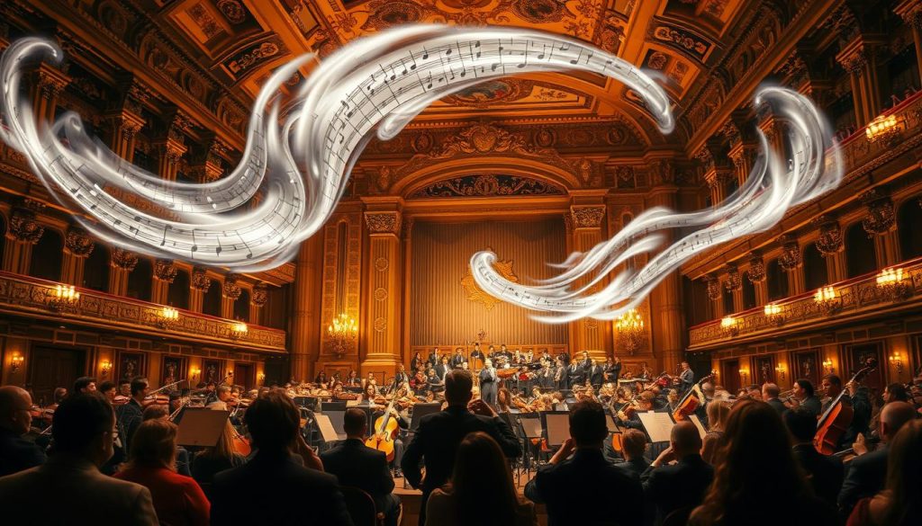 A sweeping orchestral landscape, with a grand concert hall as the centerpiece. Ornate architecture and intricate details adorn the building, casting warm, golden light across the scene. In the foreground, a majestic symphony orchestra performs, their instruments gleaming under the soft stage lighting. Swirling clouds of music notes fill the air, evocative of the romantic, emotive melodies. The audience is captured in a moment of rapt attention, their faces alight with the power of the performance. Shadowy figures in the background suggest the broader world beyond the concert hall, hinting at the universal appeal of these timeless symphonic works. A sweeping orchestral landscape, with a grand concert hall as the centerpiece. Ornate architecture and intricate details adorn the building, casting warm, golden light across the scene. In the foreground, a majestic symphony orchestra performs, their instruments gleaming under the soft stage lighting. Swirling clouds of music notes fill the air, evocative of the romantic, emotive melodies. The audience is captured in a moment of rapt attention, their faces alight with the power of the performance. Shadowy figures in the background suggest the broader world beyond the concert hall, hinting at the universal appeal of these timeless symphonic works.