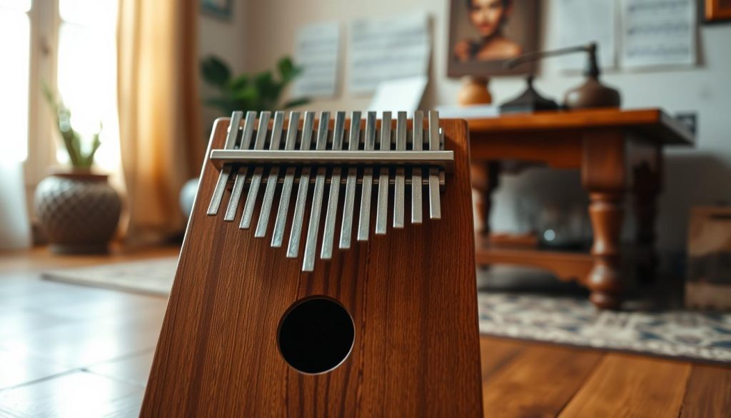 A beautifully crafted kalimba instrument centered in the foreground, showcasing its wooden body with intricate carvings and metal tines shimmering in a warm light. The middle ground features a softly blurred backdrop of a cozy room, adorned with musical sheet music and a wooden table, hinting at the instrument’s cultural significance. The background captures subtle textures of natural light filtering through a nearby window, creating an inviting and serene atmosphere. The angle is slightly elevated, emphasizing the kalimba’s charming details. The scene embodies a sense of history and evolution, accentuating the kalimba’s traditional roots while inviting curiosity about its journey through time. No text, watermarks, or any distractions are included. A beautifully crafted kalimba instrument centered in the foreground, showcasing its wooden body with intricate carvings and metal tines shimmering in a warm light. The middle ground features a softly blurred backdrop of a cozy room, adorned with musical sheet music and a wooden table, hinting at the instrument’s cultural significance. The background captures subtle textures of natural light filtering through a nearby window, creating an inviting and serene atmosphere. The angle is slightly elevated, emphasizing the kalimba’s charming details. The scene embodies a sense of history and evolution, accentuating the kalimba’s traditional roots while inviting curiosity about its journey through time. No text, watermarks, or any distractions are included.