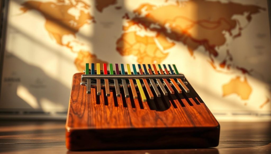 A beautifully crafted kalimba instrument, made of polished wood with vibrant, colorful metal tines, sits prominently in the foreground. The design showcases a variety of tines in different lengths, reflecting traditional craftsmanship. In the middle ground, an inviting setting features a soft, natural light casting gentle shadows, enhancing the instrument's rich textures. The background consists of an abstract map subtly hinting at various regions where the kalimba has evolved and spread, using soft earth tones to create a warm atmosphere. The overall mood is serene and inspiring, evoking the richness of cultural heritage and musical evolution, with a focus on the intricate details of the instrument. The angle is slightly elevated, capturing the essence and allure of the kalimba without distractions. A beautifully crafted kalimba instrument, made of polished wood with vibrant, colorful metal tines, sits prominently in the foreground. The design showcases a variety of tines in different lengths, reflecting traditional craftsmanship. In the middle ground, an inviting setting features a soft, natural light casting gentle shadows, enhancing the instrument's rich textures. The background consists of an abstract map subtly hinting at various regions where the kalimba has evolved and spread, using soft earth tones to create a warm atmosphere. The overall mood is serene and inspiring, evoking the richness of cultural heritage and musical evolution, with a focus on the intricate details of the instrument. The angle is slightly elevated, capturing the essence and allure of the kalimba without distractions.
