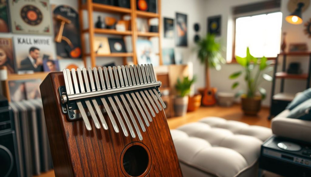 A beautifully crafted kalimba instrument, prominently displayed in the foreground, showcasing its polished wooden body and metal tines that glisten under soft, warm lighting. Delicate carvings decorate the sides, hinting at its cultural richness. The middle ground features a cozy modern music studio with vinyl records, a soft sofa, and a potted plant, symbolizing its evolution in contemporary music scenes. In the background, blurred shelves filled with various musical instruments and a window letting in natural light create an inviting atmosphere. The angle is slightly elevated, capturing the kalimba’s details while allowing the viewer to appreciate the surrounding space. The mood is warm and inviting, reflecting a blend of tradition and modernity, perfect for conveying the kalimba's journey in today's music world. A beautifully crafted kalimba instrument, prominently displayed in the foreground, showcasing its polished wooden body and metal tines that glisten under soft, warm lighting. Delicate carvings decorate the sides, hinting at its cultural richness. The middle ground features a cozy modern music studio with vinyl records, a soft sofa, and a potted plant, symbolizing its evolution in contemporary music scenes. In the background, blurred shelves filled with various musical instruments and a window letting in natural light create an inviting atmosphere. The angle is slightly elevated, capturing the kalimba’s details while allowing the viewer to appreciate the surrounding space. The mood is warm and inviting, reflecting a blend of tradition and modernity, perfect for conveying the kalimba's journey in today's music world.