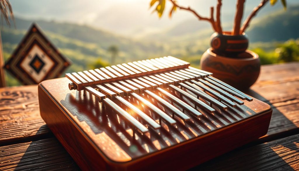 A beautifully crafted kalimba instrument resting on a textured wooden table, its polished wooden body reflecting warm sunlight. The foreground showcases the intricately arranged metal tines glimmering under soft, natural light. In the middle ground, a few decorative elements like tribal patterns or African fabrics subtly enhance the cultural heritage of the kalimba, hinting at its origins. The background features a softly blurred landscape of rolling hills and lush greenery, symbolizing the geographical diffusion of the instrument across various regions. The overall mood is serene and inviting, with soft, warm colors dominating the scene to evoke a sense of tradition and musicality. Capture the image using a slightly elevated angle to emphasize the instrument's craftsmanship and connection to nature. A beautifully crafted kalimba instrument resting on a textured wooden table, its polished wooden body reflecting warm sunlight. The foreground showcases the intricately arranged metal tines glimmering under soft, natural light. In the middle ground, a few decorative elements like tribal patterns or African fabrics subtly enhance the cultural heritage of the kalimba, hinting at its origins. The background features a softly blurred landscape of rolling hills and lush greenery, symbolizing the geographical diffusion of the instrument across various regions. The overall mood is serene and inviting, with soft, warm colors dominating the scene to evoke a sense of tradition and musicality. Capture the image using a slightly elevated angle to emphasize the instrument's craftsmanship and connection to nature.