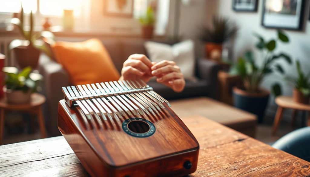 A beautifully crafted kalimba is the focal point, placed prominently in the foreground on a rustic wooden table. The instrument features polished wood, with gleaming metal tines that catch the warm sunlight filtering through a nearby window, creating a soft, inviting glow. In the middle ground, a pair of hands gently plays the kalimba, fingers delicately poised to evoke a sense of ease and accessibility. In the background, a cozy, softly blurred living room setting with plants and art gives an inviting atmosphere, enhancing the feeling of a personal space for music-making. The lighting is warm and natural, evoking a relaxed, nurturing mood. The camera angle is slightly above, capturing both the instrument and the musician's hands in a harmonious composition that celebrates the art of making music. A beautifully crafted kalimba is the focal point, placed prominently in the foreground on a rustic wooden table. The instrument features polished wood, with gleaming metal tines that catch the warm sunlight filtering through a nearby window, creating a soft, inviting glow. In the middle ground, a pair of hands gently plays the kalimba, fingers delicately poised to evoke a sense of ease and accessibility. In the background, a cozy, softly blurred living room setting with plants and art gives an inviting atmosphere, enhancing the feeling of a personal space for music-making. The lighting is warm and natural, evoking a relaxed, nurturing mood. The camera angle is slightly above, capturing both the instrument and the musician's hands in a harmonious composition that celebrates the art of making music.