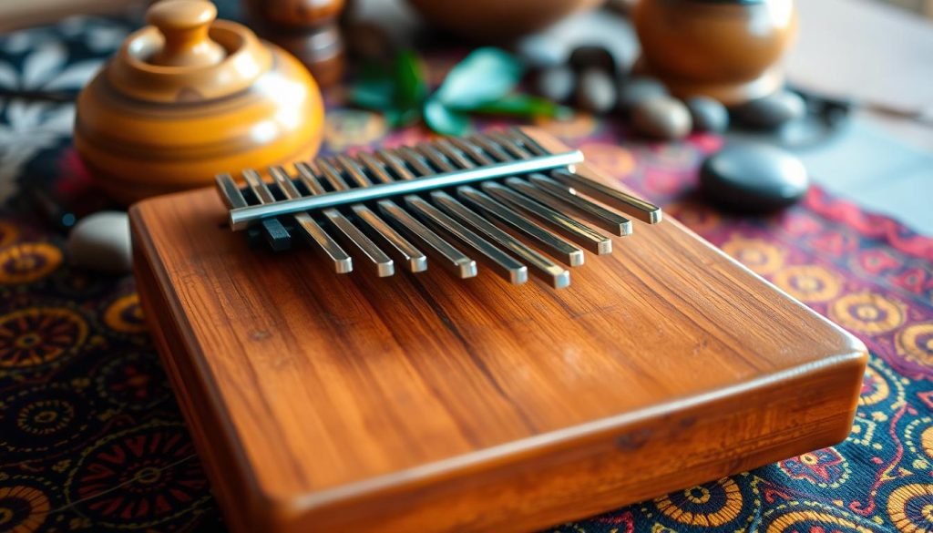 A beautifully crafted kalimba, made of warm-toned wood, resting on a vibrant, woven African textile featuring intricate patterns in rich colors. In the foreground, the kalimba's metallic tines glimmer softly under the gentle warm lighting, emphasizing its craftsmanship. The middle ground captures a blurred background with traditional African artifacts and natural elements, such as leaves and stones, creating a sense of cultural depth. The lighting is soft and inviting, casting a serene atmosphere, reminiscent of a traditional gathering. The angle of the shot is slightly tilted downward, focusing on the instrument from above to highlight its elegance and detail. The entire composition conveys a sense of heritage and cultural significance, reflecting the rich history and emotional connection of the kalimba in African culture. A beautifully crafted kalimba, made of warm-toned wood, resting on a vibrant, woven African textile featuring intricate patterns in rich colors. In the foreground, the kalimba's metallic tines glimmer softly under the gentle warm lighting, emphasizing its craftsmanship. The middle ground captures a blurred background with traditional African artifacts and natural elements, such as leaves and stones, creating a sense of cultural depth. The lighting is soft and inviting, casting a serene atmosphere, reminiscent of a traditional gathering. The angle of the shot is slightly tilted downward, focusing on the instrument from above to highlight its elegance and detail. The entire composition conveys a sense of heritage and cultural significance, reflecting the rich history and emotional connection of the kalimba in African culture.