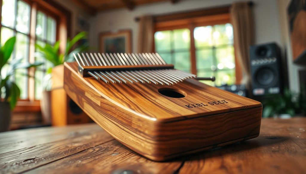 A beautifully crafted kalimba, showcasing its elegant wooden body and metal tines, is placed prominently in the foreground. The instrument is arranged on a rustic wooden table, with vibrant colors reflecting the natural grains of the wood. In the background, an inviting music studio setting is revealed, with soft ambient lighting creating a warm and intimate atmosphere. Lush greenery is visible through a window, symbolizing the connection of the kalimba to the world. The image captures a serene moment, suggesting the soothing sounds of the kalimba as they blend seamlessly into modern music. The camera angle is slightly tilted downwards, focusing on the intricate details of the kalimba, while the shallow depth of field gently blurs the background, emphasizing the instrument's beauty and importance in contemporary musical contexts. A beautifully crafted kalimba, showcasing its elegant wooden body and metal tines, is placed prominently in the foreground. The instrument is arranged on a rustic wooden table, with vibrant colors reflecting the natural grains of the wood. In the background, an inviting music studio setting is revealed, with soft ambient lighting creating a warm and intimate atmosphere. Lush greenery is visible through a window, symbolizing the connection of the kalimba to the world. The image captures a serene moment, suggesting the soothing sounds of the kalimba as they blend seamlessly into modern music. The camera angle is slightly tilted downwards, focusing on the intricate details of the kalimba, while the shallow depth of field gently blurs the background, emphasizing the instrument's beauty and importance in contemporary musical contexts.