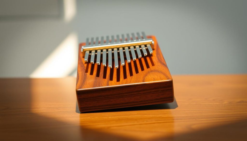 A beautifully crafted kalimba, showcasing its unique structure and intricate details, is set against a softly blurred wooden table background. The kalimba, made of rich mahogany with gleaming metal tines, reflects natural light, emphasizing its warm tones and fine craftsmanship. In the foreground, the tines are highlighted as they catch glimmers of light, illustrating the harmonious sound they produce. A gentle beam of sunlight pours from the side, creating a serene and inviting atmosphere. The angle captures both the instrument's top view and slightly angled side, allowing viewers to appreciate its graceful curves and functional design. The scene conveys a calm, artistic mood, focusing solely on the beauty and mechanics of the kalimba without distractions. A beautifully crafted kalimba, showcasing its unique structure and intricate details, is set against a softly blurred wooden table background. The kalimba, made of rich mahogany with gleaming metal tines, reflects natural light, emphasizing its warm tones and fine craftsmanship. In the foreground, the tines are highlighted as they catch glimmers of light, illustrating the harmonious sound they produce. A gentle beam of sunlight pours from the side, creating a serene and inviting atmosphere. The angle captures both the instrument's top view and slightly angled side, allowing viewers to appreciate its graceful curves and functional design. The scene conveys a calm, artistic mood, focusing solely on the beauty and mechanics of the kalimba without distractions.
