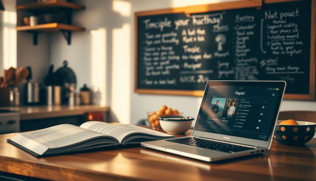 A cozy kitchen scene with a neatly organized cookbook and a laptop or tablet displaying a music playlist. The countertop is illuminated by warm, natural lighting, casting a soft glow on the ingredients and cooking utensils arranged around the workspace. In the background, a wall-mounted chalkboard or corkboard showcases handwritten meal plans and recipe notes, creating a harmonious, culinary atmosphere. The overall mood is one of calm focus and intentional preparation, inviting the viewer to imagine themselves composing the perfect playlist to accompany their cooking experience. A cozy kitchen scene with a neatly organized cookbook and a laptop or tablet displaying a music playlist. The countertop is illuminated by warm, natural lighting, casting a soft glow on the ingredients and cooking utensils arranged around the workspace. In the background, a wall-mounted chalkboard or corkboard showcases handwritten meal plans and recipe notes, creating a harmonious, culinary atmosphere. The overall mood is one of calm focus and intentional preparation, inviting the viewer to imagine themselves composing the perfect playlist to accompany their cooking experience.