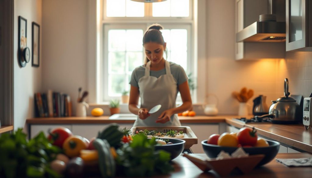 A cozy kitchen scene with a woman cooking, surrounded by the calming ambiance of a classical music playlist. Soft, warm lighting illuminates the room, creating a tranquil and focused atmosphere. In the foreground, fresh ingredients and kitchen utensils are neatly arranged, reflecting the organized and meditative nature of the cooking process. The middle ground features the woman standing at the counter, her movements graceful and deliberate, her expression serene. In the background, a bookshelf or open window hints at the comforts of a well-appointed home. The overall composition conveys the harmonious blending of culinary craft and the soothing power of classical music. A cozy kitchen scene with a woman cooking, surrounded by the calming ambiance of a classical music playlist. Soft, warm lighting illuminates the room, creating a tranquil and focused atmosphere. In the foreground, fresh ingredients and kitchen utensils are neatly arranged, reflecting the organized and meditative nature of the cooking process. The middle ground features the woman standing at the counter, her movements graceful and deliberate, her expression serene. In the background, a bookshelf or open window hints at the comforts of a well-appointed home. The overall composition conveys the harmonious blending of culinary craft and the soothing power of classical music.