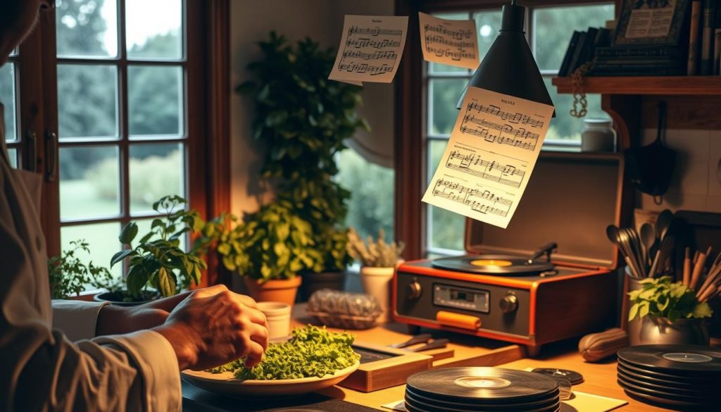 A cozy kitchen scene with classical music sheet notation floating in the air, representing the mistakes to avoid when creating a classical music playlist for cooking. Warm, soft lighting casts gentle shadows, creating a peaceful, harmonious atmosphere. In the foreground, a chef's hands carefully arranging ingredients, surrounded by potted herbs and kitchen utensils. The middle ground features a vintage record player, with vinyl records scattered around. In the background, a large window overlooking a serene garden, hinting at the tranquility the perfect playlist can bring to the cooking experience. The overall mood is one of culinary artistry, musical appreciation, and mindful curation. A cozy kitchen scene with classical music sheet notation floating in the air, representing the mistakes to avoid when creating a classical music playlist for cooking. Warm, soft lighting casts gentle shadows, creating a peaceful, harmonious atmosphere. In the foreground, a chef's hands carefully arranging ingredients, surrounded by potted herbs and kitchen utensils. The middle ground features a vintage record player, with vinyl records scattered around. In the background, a large window overlooking a serene garden, hinting at the tranquility the perfect playlist can bring to the cooking experience. The overall mood is one of culinary artistry, musical appreciation, and mindful curation.