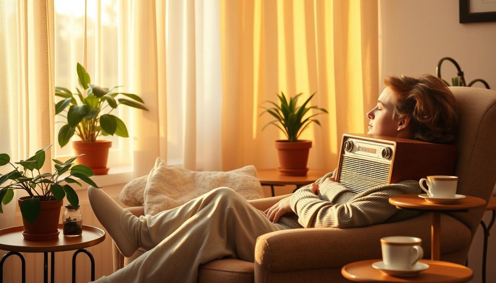 A cozy morning scene with a person relaxing in an armchair, listening to classical music on a vintage radio. Warm, soft lighting filters through sheer curtains, casting a golden glow. Potted plants and a small side table with a cup of tea complete the tranquil, domestic atmosphere. The focus is on the person's serene expression as they enjoy the soothing melodies, signifying the restorative power of classical music in a morning routine.