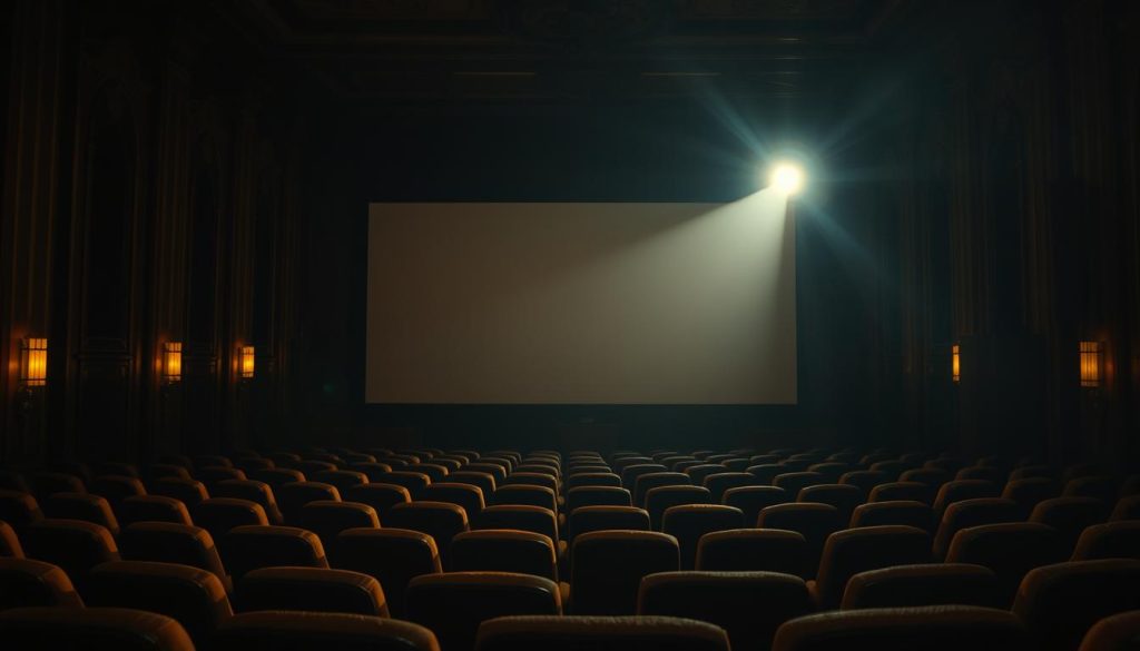 A dimly lit, atmospheric art deco movie theater interior. In the foreground, a large, ornate projection screen takes center stage, its surface slightly worn from years of use. In the middle ground, rows of plush, vintage theater seats are bathed in a soft, amber glow, creating a sense of anticipation. The background is shrouded in shadow, hinting at the grand, architectural details that adorn the theater walls. A single, spotlight illuminates the empty stage, casting dramatic shadows and setting the mood for a classic silent film experience, where the music is the true star, accompanying the on-screen action with emotion and drama. A dimly lit, atmospheric art deco movie theater interior. In the foreground, a large, ornate projection screen takes center stage, its surface slightly worn from years of use. In the middle ground, rows of plush, vintage theater seats are bathed in a soft, amber glow, creating a sense of anticipation. The background is shrouded in shadow, hinting at the grand, architectural details that adorn the theater walls. A single, spotlight illuminates the empty stage, casting dramatic shadows and setting the mood for a classic silent film experience, where the music is the true star, accompanying the on-screen action with emotion and drama.