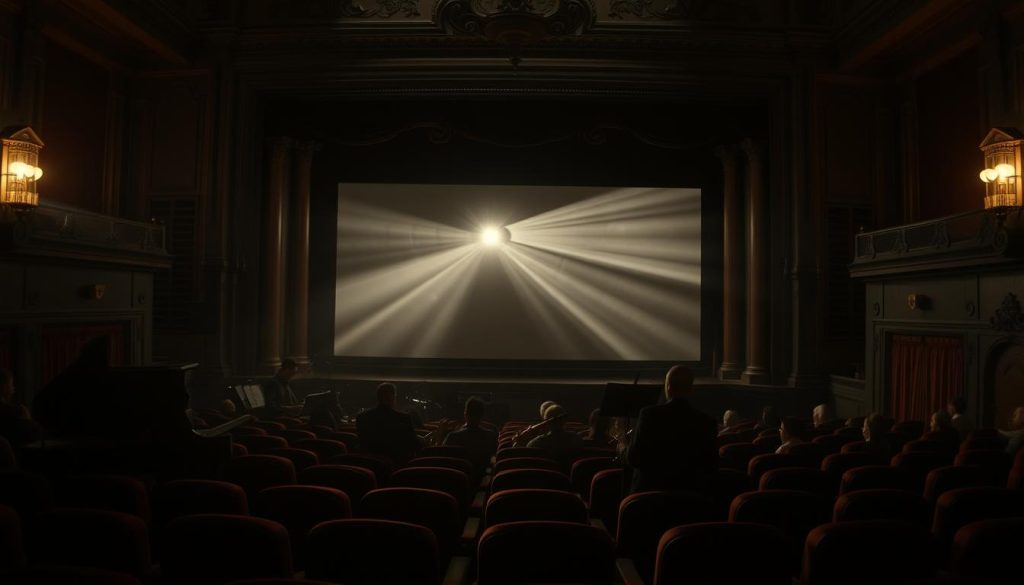A dimly lit, vintage movie theater interior. The stage is illuminated by a soft, warm glow, with a grand piano and orchestra positioned in the foreground, their silhouettes casting long shadows across the plush, burgundy-colored seats. In the middle ground, the theater's ornate proscenium arch frames a flickering, black-and-white film projection, casting a mesmerizing dance of light and shadow across the audience. The background is shrouded in a hazy, dreamlike atmosphere, evoking the timeless enchantment of the cinematic experience. The scene exudes a sense of reverence and wonder, capturing the synergistic relationship between music and film during the silent era. A dimly lit, vintage movie theater interior. The stage is illuminated by a soft, warm glow, with a grand piano and orchestra positioned in the foreground, their silhouettes casting long shadows across the plush, burgundy-colored seats. In the middle ground, the theater's ornate proscenium arch frames a flickering, black-and-white film projection, casting a mesmerizing dance of light and shadow across the audience. The background is shrouded in a hazy, dreamlike atmosphere, evoking the timeless enchantment of the cinematic experience. The scene exudes a sense of reverence and wonder, capturing the synergistic relationship between music and film during the silent era.