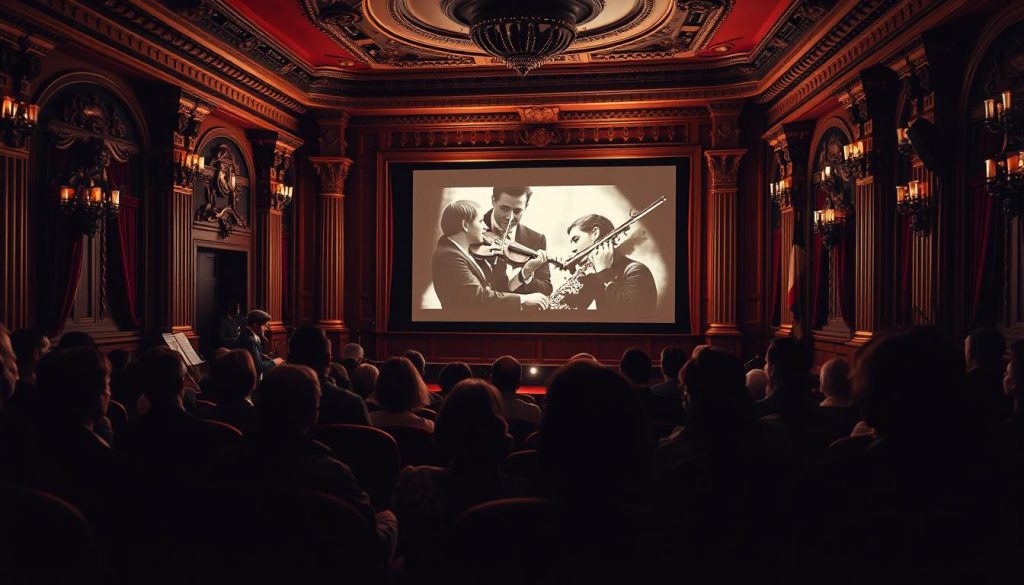 A grand, ornate theater interior with plush velvet seats and gilded accents. On the stage, a pianist and violinist perform a lively, romantic classical score, their music filling the room. In the foreground, a projection screen displays a black-and-white silent film, the flickering light casting dramatic shadows across the faces of the enraptured audience. The atmosphere is one of elegance, nostalgia, and the magic of early cinema, a renaissance of the lost art of live-scored silent films. A grand, ornate theater interior with plush velvet seats and gilded accents. On the stage, a pianist and violinist perform a lively, romantic classical score, their music filling the room. In the foreground, a projection screen displays a black-and-white silent film, the flickering light casting dramatic shadows across the faces of the enraptured audience. The atmosphere is one of elegance, nostalgia, and the magic of early cinema, a renaissance of the lost art of live-scored silent films.