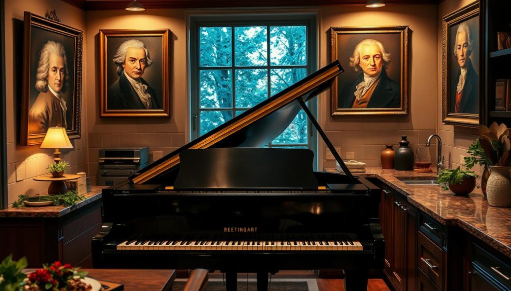 A grand piano sits amidst a cozy, well-lit kitchen, its ebony keys gleaming under warm, golden illumination. Surrounding the piano, framed portraits of renowned classical composers - Bach, Beethoven, Mozart, Chopin, and Debussy - adorn the walls, their timeless visages gazing out with an air of serene, musical authority. The kitchen countertops are adorned with fresh herbs, spices, and culinary tools, hinting at the preparation of a delightful, harmonious meal. The overall atmosphere evokes a sense of refined elegance, where the enduring brilliance of classical music seamlessly blends with the art of culinary delight. A grand piano sits amidst a cozy, well-lit kitchen, its ebony keys gleaming under warm, golden illumination. Surrounding the piano, framed portraits of renowned classical composers - Bach, Beethoven, Mozart, Chopin, and Debussy - adorn the walls, their timeless visages gazing out with an air of serene, musical authority. The kitchen countertops are adorned with fresh herbs, spices, and culinary tools, hinting at the preparation of a delightful, harmonious meal. The overall atmosphere evokes a sense of refined elegance, where the enduring brilliance of classical music seamlessly blends with the art of culinary delight.