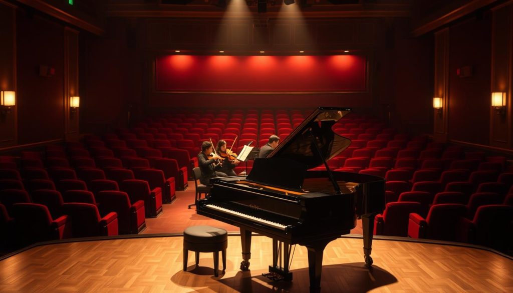 A grand piano sits center stage, its polished ebony finish gleaming under the warm spotlight. Shadowy figures of a string quartet and pianist perform in the middle ground, their fingers dancing across the keys and strings, lost in the sweeping melodies of a bygone era. In the background, a dimly lit theater fills with rows of plush red velvet seats, evoking the timeless elegance of a silent film screening accompanied by a live musical ensemble. Soft, diffused lighting casts a nostalgic glow, transporting the viewer to a time when the marriage of moving images and classical music captivated audiences. The scene exudes a sense of reverence and artistic collaboration, showcasing the evolution of musical accompaniment for the silent silver screen. A grand piano sits center stage, its polished ebony finish gleaming under the warm spotlight. Shadowy figures of a string quartet and pianist perform in the middle ground, their fingers dancing across the keys and strings, lost in the sweeping melodies of a bygone era. In the background, a dimly lit theater fills with rows of plush red velvet seats, evoking the timeless elegance of a silent film screening accompanied by a live musical ensemble. Soft, diffused lighting casts a nostalgic glow, transporting the viewer to a time when the marriage of moving images and classical music captivated audiences. The scene exudes a sense of reverence and artistic collaboration, showcasing the evolution of musical accompaniment for the silent silver screen.