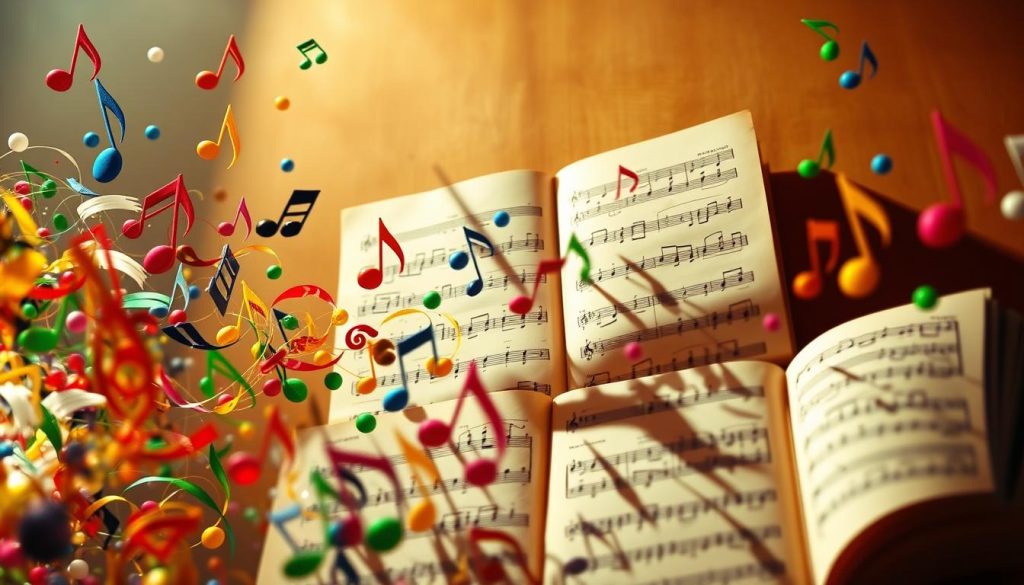 A lively scene of Rossini's musical pieces, depicted with a vibrant and dynamic energy. In the foreground, a cascade of colorful musical notes and flourishes dance across the frame, capturing the composer's renowned flair for exuberance and enthusiasm. The middle ground features a detailed rendering of various sheet music pages, their intricate scores and markings hinting at the complexities and technicalities within Rossini's compositions. In the background, a soft, warm-toned ambiance sets the stage, evoking the intimate concert halls and salons where Rossini's works were first performed. Dramatic lighting casts dramatic shadows, heightening the sense of movement and vitality. The overall composition conveys the essence of Rossini's musical genius - a harmonious blend of virtuosity, dynamism, and joyful expression.