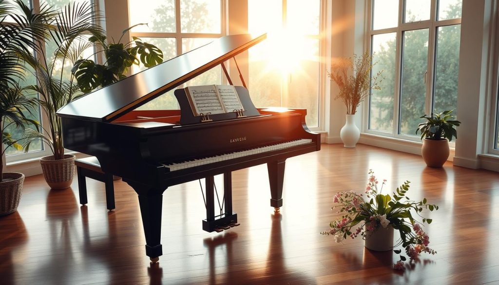 A serene morning scene, with the warm glow of the rising sun illuminating a grand piano in a spacious room. The instrument sits elegantly on a polished hardwood floor, surrounded by lush, verdant plants and delicate floral arrangements. Soft, classical music sheets are neatly arranged on the piano's lid, hinting at the tranquil melodies soon to fill the air. The room's tall windows allow natural light to cascade in, creating a soothing, meditative atmosphere. A sense of peaceful awakening and a gentle transition from slumber to the day ahead permeates the scene.