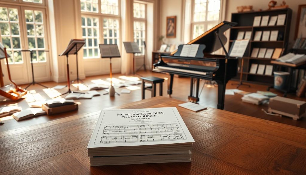 A sunlit classical music studio with a grand piano, wooden music stands, and various sheet music scattered across the floor. The room has large windows that flood the space with warm, natural light. In the foreground, a collection of classical music scores titled "Morceaux Classiques pour Réveil" sits prominently on a polished hardwood table, inviting the viewer to explore the soothing, melodic compositions within. The overall mood is one of tranquility and a gentle, rejuvenating awakening, perfectly capturing the essence of the article's subject.