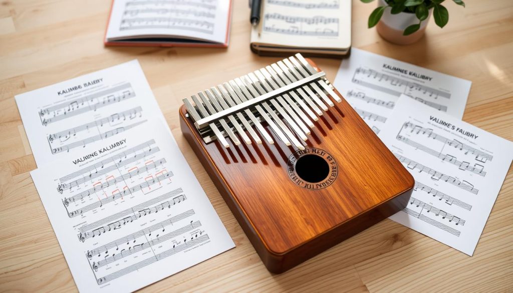 A beautifully arranged flat lay of kalimba sheet music specifically designed for a 17-note kalimba, showcased on a light wooden table. The foreground features several colorful, neatly organized sheets of music, with playful illustrations of musical notes and beginner-friendly markings. In the middle ground, a shiny, polished kalimba sits prominently, its metal tines glistening under soft natural lighting, emphasizing its craftsmanship. The background includes subtle elements, such as a cozy, softly blurred music notebook and a small plant to enhance the inviting atmosphere, creating a warm and encouraging mood for beginners. The overall composition should evoke a sense of creativity and inspiration, inviting viewers to explore the joy of playing the kalimba.