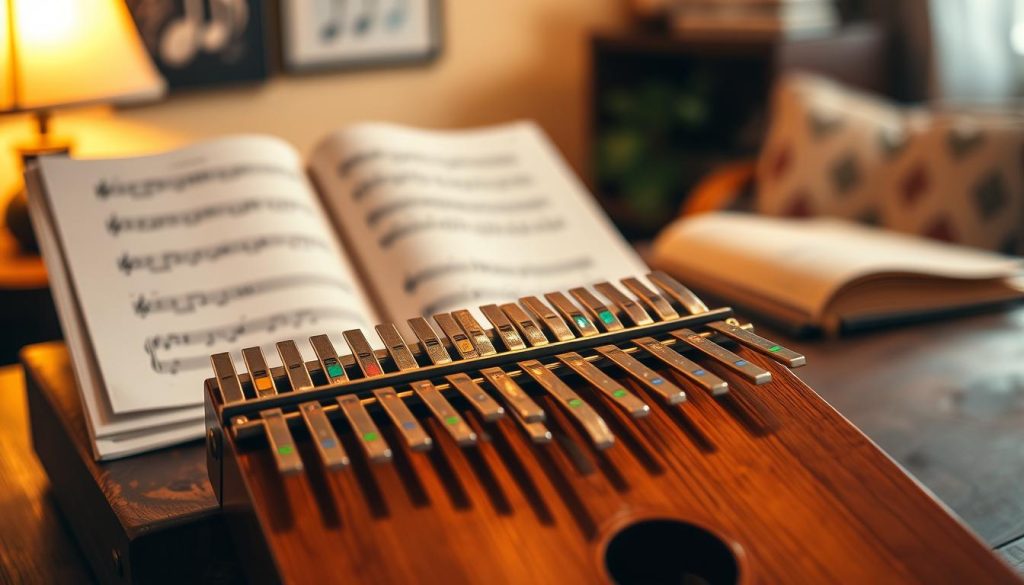 A beautifully arranged kalimba displayed prominently in the foreground, showcasing its metal tines glistening under soft, warm lighting. The tines are labeled with colorful notes, visually demonstrating the different pitches. In the middle ground, an open sheet of kalimba music rests on a rustic wooden table, with some notes clearly visible, emphasizing the connection to reading music. The background features a cozy room setting with warm, inviting colors, and subtle musical elements like treble clefs and music notes artfully blurred. The atmosphere is serene and educational, inviting the viewer to learn more about the kalimba's structure, notes, and tuning. Capture this scene with a shallow depth of field to emphasize the kalimba and sheet music while softly fading the background.