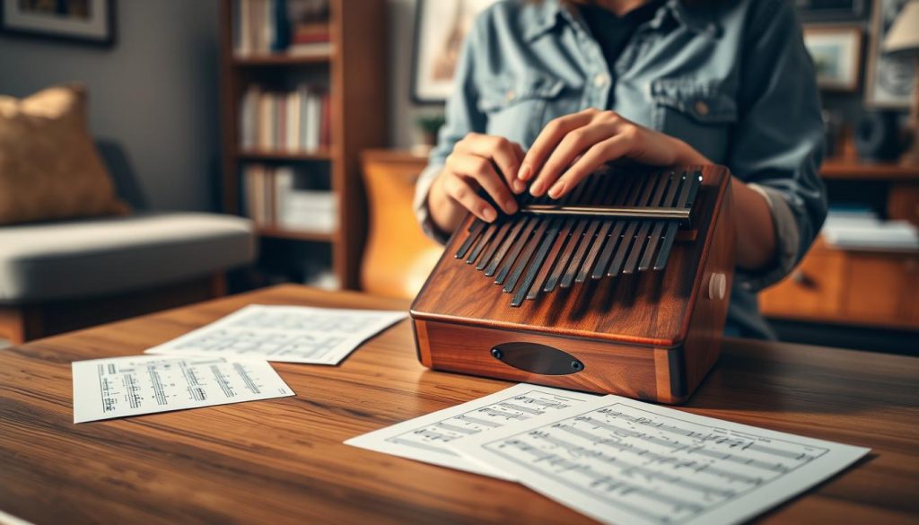 A beautifully arranged kalimba set on a wooden table, showcasing its elegant design and vibrant colors, with several tablature sheets spread around it, hinting at beginner lessons. In the foreground, focused lighting highlights the kalimba's detailed craftsmanship, with reflections adding depth. In the middle ground, a pair of hands gently playing the kalimba, adorned in modest casual clothing, fingers positioned over the notes, demonstrating a harmonious connection with the instrument. The background features soft, blurred images of a cozy room, adorned with musical elements like a bookshelf of music books and art, evoking a warm and inviting atmosphere conducive for learning. The overall mood is encouraging and peaceful, suitable for beginners embarking on their musical journey. A beautifully arranged kalimba set on a wooden table, showcasing its elegant design and vibrant colors, with several tablature sheets spread around it, hinting at beginner lessons. In the foreground, focused lighting highlights the kalimba's detailed craftsmanship, with reflections adding depth. In the middle ground, a pair of hands gently playing the kalimba, adorned in modest casual clothing, fingers positioned over the notes, demonstrating a harmonious connection with the instrument. The background features soft, blurred images of a cozy room, adorned with musical elements like a bookshelf of music books and art, evoking a warm and inviting atmosphere conducive for learning. The overall mood is encouraging and peaceful, suitable for beginners embarking on their musical journey.