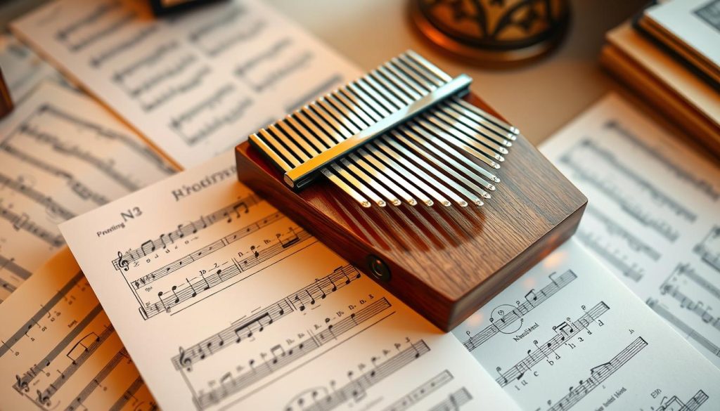A beautifully arranged top-down view of a kalimba music sheet displaying a NMCA (Numéro de Musique Chiffrée pour les Accordéons) tablature, featuring clear symbols, numbers, and notes, all intricately detailed. The foreground showcases the sheet with vivid colors, illuminating the various indications such as numbers and chords. In the middle, include a polished wooden kalimba instrument resting beside the sheet, highlighting its natural textures. The background should softly blur into a cozy, warmly lit room with subtle music sheets and notes scattered around, creating an ambiance of relaxed learning. Use soft, bright lighting to enhance the clarity of the sheet and the instrument, conveying a warm and inviting atmosphere ideal for studying music. A beautifully arranged top-down view of a kalimba music sheet displaying a NMCA (Numéro de Musique Chiffrée pour les Accordéons) tablature, featuring clear symbols, numbers, and notes, all intricately detailed. The foreground showcases the sheet with vivid colors, illuminating the various indications such as numbers and chords. In the middle, include a polished wooden kalimba instrument resting beside the sheet, highlighting its natural textures. The background should softly blur into a cozy, warmly lit room with subtle music sheets and notes scattered around, creating an ambiance of relaxed learning. Use soft, bright lighting to enhance the clarity of the sheet and the instrument, conveying a warm and inviting atmosphere ideal for studying music.