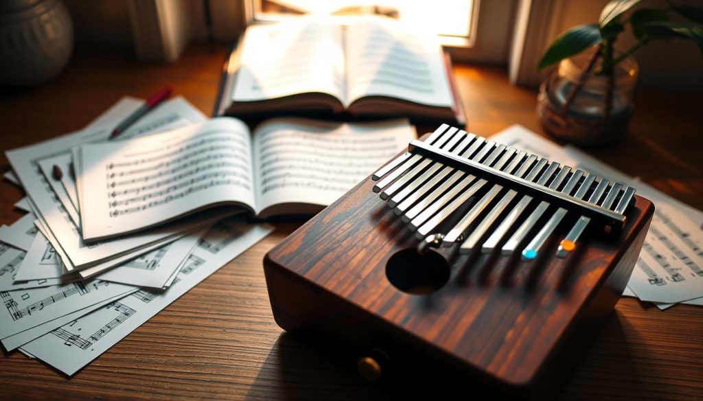 A beautifully arranged workspace featuring a wooden kalimba prominently in the foreground, showcasing its intricate design and colorful notes on its keys. Surrounding the kalimba, a collection of loose sheets with Anglo-Batavian notation in a vibrant color scheme. In the middle ground, a soft-focus open music book with a detailed diagram of the notation system, illustrating both letters and notes. The background features a warm light filtering through a window, casting gentle shadows, creating a serene and inviting atmosphere. The setting is calm, emphasizing a sense of learning and creativity. The image is well-lit, with a natural lens effect that brings the kalimba into sharp focus while softly blurring the background elements.
