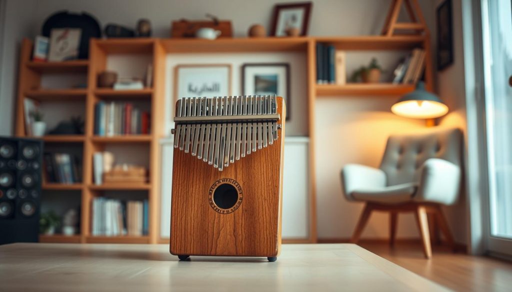 A beautifully crafted 17-key kalimba is displayed prominently in the foreground, showcasing its smooth wooden body and shiny metal tines, each labeled for easy identification. The middle ground features a serene, softly lit environment, with gentle, warm lighting illuminating the instrument, highlighting the rich wood grain and glinting metal. In the background, a subtle hint of an inviting music room comes into view, with shelves lined with various musical books and a comfortable chair, creating a cozy atmosphere. The mood is calming and inspiring, encouraging beginners to explore the beauty of music. The angle is slightly elevated, capturing the instrument’s detailed craftsmanship while keeping the overall composition harmonious and focused entirely on the kalimba. No people or text are present, ensuring a clean, unobtrusive image.