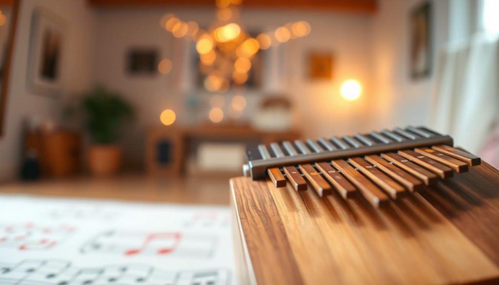 A beautifully crafted kalimba with an emphasis on its resonant box, displayed prominently in the foreground. The kalimba should feature intricately designed wooden keys, emphasizing their natural grains and warm tones. In the middle ground, a gentle gradient of soft pastel colors, hinting at the calming essence of music. The background features a blurred, softly lit music room with warm ambient lighting, creating an inviting atmosphere. The perspective is slightly angled, showcasing the depth of the kalimba’s resonance box while allowing the viewer to appreciate its details. The mood is serene and creative, reflecting a sense of exploration and discovery for beginners choosing their first kalimba. A beautifully crafted kalimba with an emphasis on its resonant box, displayed prominently in the foreground. The kalimba should feature intricately designed wooden keys, emphasizing their natural grains and warm tones. In the middle ground, a gentle gradient of soft pastel colors, hinting at the calming essence of music. The background features a blurred, softly lit music room with warm ambient lighting, creating an inviting atmosphere. The perspective is slightly angled, showcasing the depth of the kalimba’s resonance box while allowing the viewer to appreciate its details. The mood is serene and creative, reflecting a sense of exploration and discovery for beginners choosing their first kalimba.