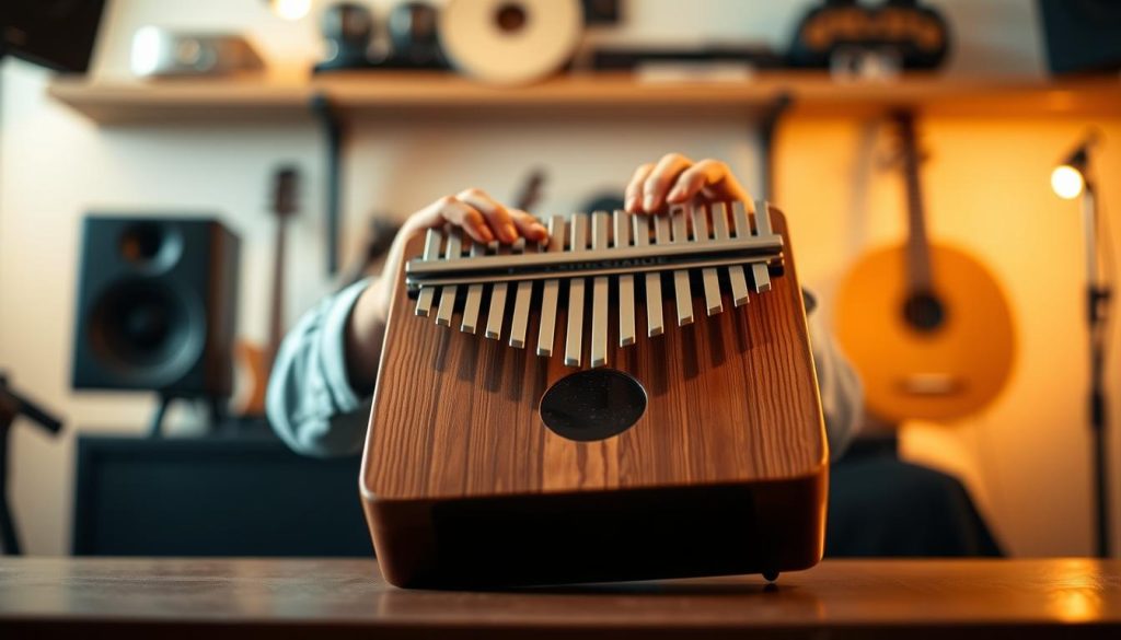 A beautifully designed ergonomic kalimba prominently placed in the foreground, showcasing its smooth contours and well-placed keys for comfort and ease of play. The middle ground features a pair of hands, depicted in professional casual attire, gently playing the instrument, highlighting the natural grip and positioning. In the background, a cozy music studio setting with soft, warm ambient lighting that adds an inviting atmosphere. Soft focus on a shelf of various musical instruments subtly blurred, emphasizing the kalimba as the central focus. The overall mood is tranquil and inspiring, inviting viewers to appreciate the importance of ergonomics in music practice. The image reflects attention to detail and functionality, perfectly capturing the essence of comfort in music performance. A beautifully designed ergonomic kalimba prominently placed in the foreground, showcasing its smooth contours and well-placed keys for comfort and ease of play. The middle ground features a pair of hands, depicted in professional casual attire, gently playing the instrument, highlighting the natural grip and positioning. In the background, a cozy music studio setting with soft, warm ambient lighting that adds an inviting atmosphere. Soft focus on a shelf of various musical instruments subtly blurred, emphasizing the kalimba as the central focus. The overall mood is tranquil and inspiring, inviting viewers to appreciate the importance of ergonomics in music practice. The image reflects attention to detail and functionality, perfectly capturing the essence of comfort in music performance.