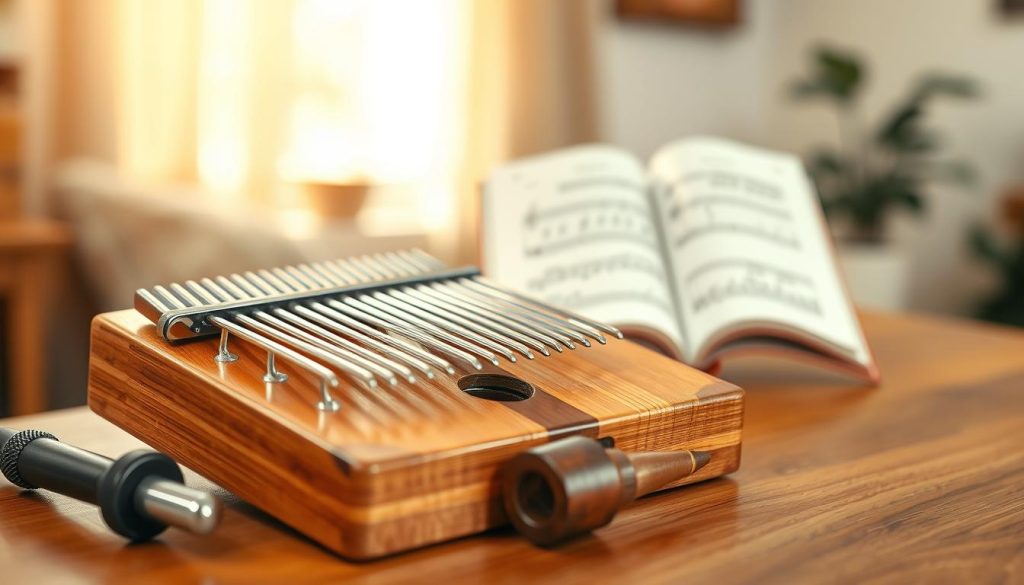 A beautifully detailed kalimba placed on a wooden table, prominently showcased in the foreground. The kalimba has a polished finish, showcasing its natural wood grain and metal tines, some of which are slightly out of tune. A small tuning hammer rests nearby, emphasizing the theme of tuning. In the middle background, softly blurred music notes can be seen on sheet music, enhancing the learning aspect. The background features a cozy room with warm, soft lighting filtering through a window, creating a calm and inviting atmosphere. The scene is shot with a shallow depth of field, focusing on the kalimba while keeping the background elements smooth and unobtrusive, evoking a sense of serenity and inspiration for beginners learning to play. A beautifully detailed kalimba placed on a wooden table, prominently showcased in the foreground. The kalimba has a polished finish, showcasing its natural wood grain and metal tines, some of which are slightly out of tune. A small tuning hammer rests nearby, emphasizing the theme of tuning. In the middle background, softly blurred music notes can be seen on sheet music, enhancing the learning aspect. The background features a cozy room with warm, soft lighting filtering through a window, creating a calm and inviting atmosphere. The scene is shot with a shallow depth of field, focusing on the kalimba while keeping the background elements smooth and unobtrusive, evoking a sense of serenity and inspiration for beginners learning to play.