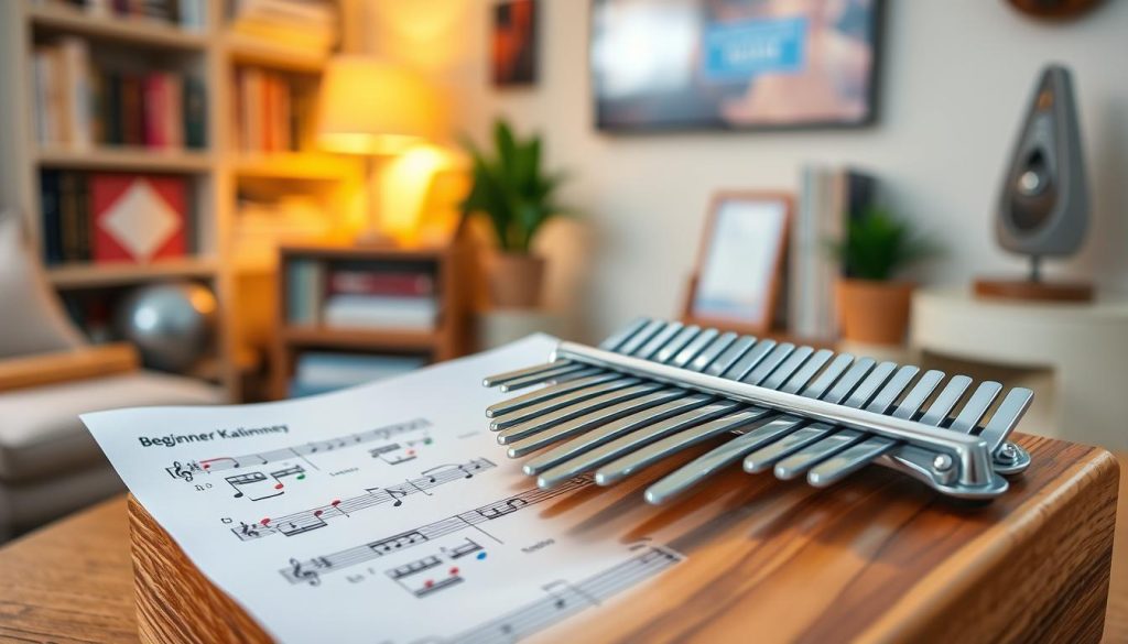A beginner's kalimba music sheet, prominently displayed in the foreground, showcasing colorful notes and symbols designed for easy learning. The middle ground features a beautifully crafted wooden kalimba, its tines glimmering under warm, soft lighting that highlights the texture of the wood. In the background, a cozy, softly lit room with a musical theme, including a bookshelf filled with music books and decorative elements like a metronome and a small potted plant, adds to the ambiance. The scene evokes a welcoming and inspiring atmosphere, perfect for music enthusiasts, with a gentle depth of field that draws attention to the kalimba and music sheet. Overall, the image captures a sense of creativity and learning, inviting viewers into the world of beginner kalimba.