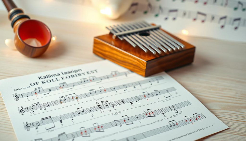 A clear and visually engaging kalimba tablature laid out prominently in the foreground, featuring colorful notes and easy-to-read symbols on a light, textured background that resembles wooden music sheets. In the middle, an inviting kalimba with a beautiful wood finish sits beside the tablature, showcasing its keys under soft, warm lighting that highlights the wood grain and adds a cozy atmosphere. The background features blurred musical notes and soft pastel colors that evoke a sense of calm and creativity. The scene is captured from a slightly elevated angle, giving depth and perspective, inviting beginners to feel the joy of learning this musical instrument. The overall mood is encouraging and friendly, perfect for aspiring musicians.