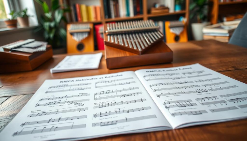A close-up of a beautifully arranged NMCA kalimba sheet music spread out on a wooden table, featuring colorful notes and clear instructions. In the foreground, a pair of hands delicately holding a kalimba, poised above the sheet music, ready to play. The middle layer includes a well-lit, softly focused ensemble of colorful kalimbas in varying sizes, hinting at musical diversity. The background showcases a cozy room with warm, inviting lighting, perhaps a bookshelf filled with music books and plants, evoking a sense of tranquility and creativity. The mood is serene and inspiring, perfect for beginners eager to learn how to read kalimba music.