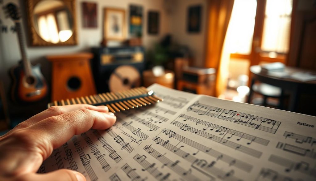 A close-up scene featuring a beautifully handwritten sheet music score with letter notes prominently displayed, showcasing the "batave" notation system. In the foreground, delicate fingers of a musician gently trace the notes on the partition, emphasizing the connection to the music. The middle ground includes a kalimba, positioned elegantly beside the sheet music, with its bright colors catching the light. In the background, a softly blurred room filled with musical instruments and warm wood tones, illuminated by natural sunlight streaming through a nearby window. The atmosphere is calm and focused, inviting viewers to explore the art of reading musical notation. The composition highlights detail in textures, while maintaining a professional look. A close-up scene featuring a beautifully handwritten sheet music score with letter notes prominently displayed, showcasing the "batave" notation system. In the foreground, delicate fingers of a musician gently trace the notes on the partition, emphasizing the connection to the music. The middle ground includes a kalimba, positioned elegantly beside the sheet music, with its bright colors catching the light. In the background, a softly blurred room filled with musical instruments and warm wood tones, illuminated by natural sunlight streaming through a nearby window. The atmosphere is calm and focused, inviting viewers to explore the art of reading musical notation. The composition highlights detail in textures, while maintaining a professional look.