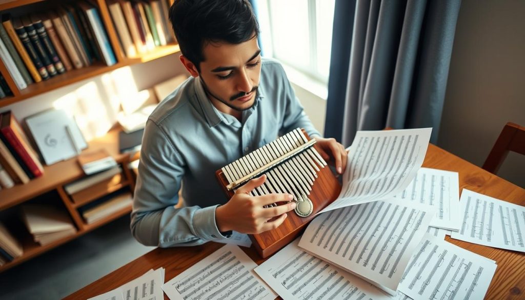 A person intently reading kalimba tablature, seated at a wooden table scattered with colorful music sheets and a kalimba in their hands. The individual, dressed in casual but modest attire, has a focused expression, reflecting the importance of learning to read music. In the background, soft natural light filters through a nearby window, illuminating music books on a shelf and adding warmth to the scene. The camera angle is slightly above eye level, capturing both the individual's concentration and the intricate details of the tablature. The overall mood is thoughtful and educational, conveying a sense of discovery in understanding musical notation. A person intently reading kalimba tablature, seated at a wooden table scattered with colorful music sheets and a kalimba in their hands. The individual, dressed in casual but modest attire, has a focused expression, reflecting the importance of learning to read music. In the background, soft natural light filters through a nearby window, illuminating music books on a shelf and adding warmth to the scene. The camera angle is slightly above eye level, capturing both the individual's concentration and the intricate details of the tablature. The overall mood is thoughtful and educational, conveying a sense of discovery in understanding musical notation.