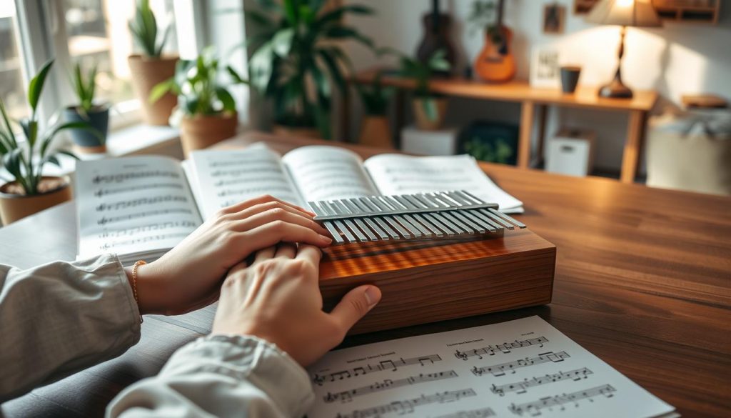 A serene indoor scene for "Conseils pour progresser au kalimba," featuring a beautifully crafted wooden kalimba resting on a polished mahogany table. In the foreground, a pair of gentle hands, clad in simple, modest attire, delicately hold the kalimba as if about to play. In the middle, sheet music with simple notes and tips for beginners is spread out nearby, illuminated by soft, natural light filtering through a nearby window. The background shows a cozy room filled with plants and musical decor, creating a warm and inviting atmosphere ideal for practice. The overall mood is calm and encouraging, perfect for inspiring new players looking to improve their kalimba skills. A serene indoor scene for "Conseils pour progresser au kalimba," featuring a beautifully crafted wooden kalimba resting on a polished mahogany table. In the foreground, a pair of gentle hands, clad in simple, modest attire, delicately hold the kalimba as if about to play. In the middle, sheet music with simple notes and tips for beginners is spread out nearby, illuminated by soft, natural light filtering through a nearby window. The background shows a cozy room filled with plants and musical decor, creating a warm and inviting atmosphere ideal for practice. The overall mood is calm and encouraging, perfect for inspiring new players looking to improve their kalimba skills.