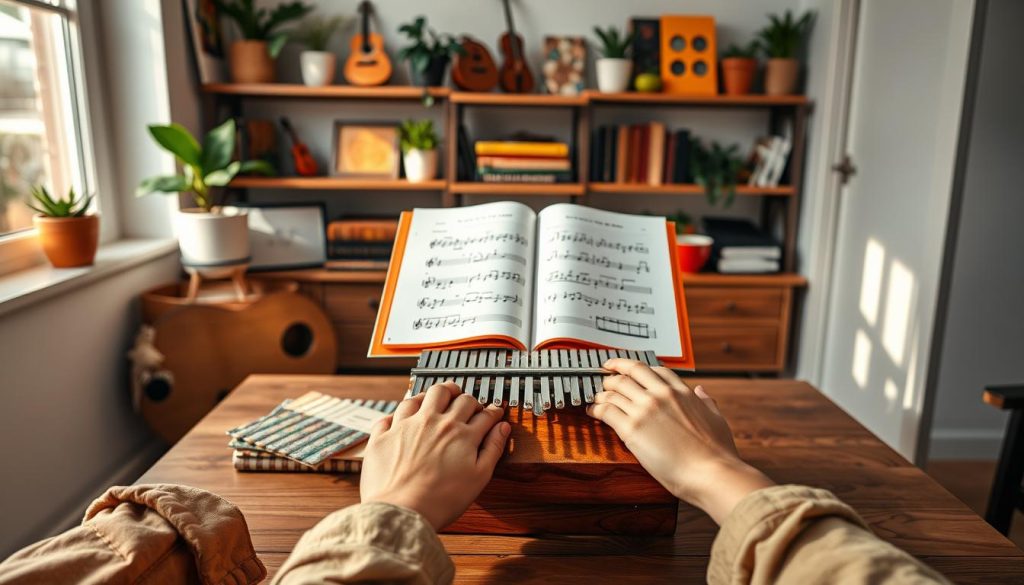A serene indoor setting showcasing a beautifully crafted kalimba on a wooden table, surrounded by vibrant sheet music specifically designed for kalimba playing. In the foreground, hands of a person in modest casual attire are gently positioned over the kalimba, playing a simple melody. The middle layer features an open music book with colorful, illustrated notations and notes, enhancing the learning aspect. Soft, warm lighting emanates from a nearby window, casting gentle shadows that add depth. The background has shelves filled with musical instruments, plants, and books, creating a cozy and inspiring atmosphere. The scene should evoke a sense of focus and joy in music learning, inviting beginners to explore the world of kalimba. A serene indoor setting showcasing a beautifully crafted kalimba on a wooden table, surrounded by vibrant sheet music specifically designed for kalimba playing. In the foreground, hands of a person in modest casual attire are gently positioned over the kalimba, playing a simple melody. The middle layer features an open music book with colorful, illustrated notations and notes, enhancing the learning aspect. Soft, warm lighting emanates from a nearby window, casting gentle shadows that add depth. The background has shelves filled with musical instruments, plants, and books, creating a cozy and inspiring atmosphere. The scene should evoke a sense of focus and joy in music learning, inviting beginners to explore the world of kalimba.