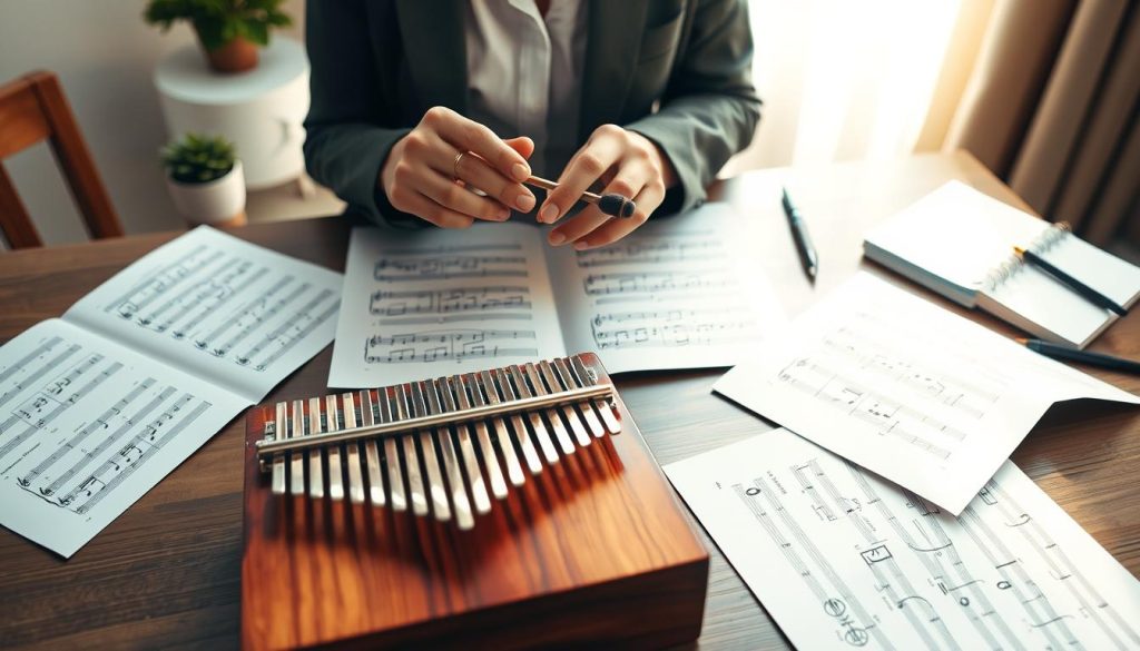 A serene workspace featuring a colorful kalimba with its polished wooden body prominently displayed in the foreground. Surrounding the kalimba, there are several open sheet music sheets, showcasing notes and easy-to-follow symbols for beginners. In the middle ground, a pair of hands, dressed in professional casual attire, gently holding a mallet, are poised above the kalimba, demonstrating the art of playing. In the background, soft natural light pours in through a window, illuminating the scene, creating a warm and inviting atmosphere. The table is adorned with subtle decorations like a small potted plant and a notebook, enhancing the cozy learning environment. Overall, the image conveys a sense of calmness and focus, ideal for illustrating the step-by-step methods of reading kalimba music.