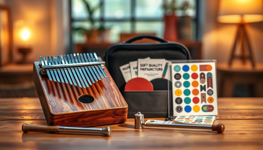 A well-arranged display of essential kalimba accessories on a wooden surface. In the foreground, showcase a beautifully crafted kalimba with a rich wooden finish, sparkling metal tines, and a tuning hammer resting beside it. The middle layer includes various high-quality accessories: a soft carry case, finger protectors, and a set of colorful stickers for personalizing the kalimba. In the background, soft, ambient lighting creates a warm atmosphere, highlighting the textures of the wood and the glimmer of metal. A blurred, rustic room setting can be seen faintly behind, evoking a cozy, inviting mood for music creation. Ensure the composition is balanced and visually engaging, with a focus on the accessories that enhance the kalimba experience. A well-arranged display of essential kalimba accessories on a wooden surface. In the foreground, showcase a beautifully crafted kalimba with a rich wooden finish, sparkling metal tines, and a tuning hammer resting beside it. The middle layer includes various high-quality accessories: a soft carry case, finger protectors, and a set of colorful stickers for personalizing the kalimba. In the background, soft, ambient lighting creates a warm atmosphere, highlighting the textures of the wood and the glimmer of metal. A blurred, rustic room setting can be seen faintly behind, evoking a cozy, inviting mood for music creation. Ensure the composition is balanced and visually engaging, with a focus on the accessories that enhance the kalimba experience.
